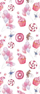 Binnengordijn met roze ballonnen, donuts en konijntjes