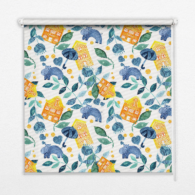 Rolgordijn voor balkondeur in gele uitvoering met blauwe plantenprint