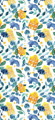 Rolgordijn voor balkondeur in gele uitvoering met blauwe plantenprint