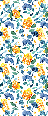 Rolgordijn voor balkondeur in gele uitvoering met blauwe plantenprint