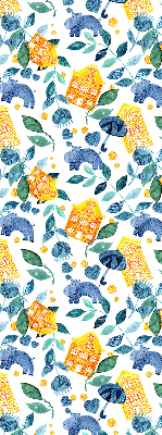 Rolgordijn voor balkondeur in gele uitvoering met blauwe plantenprint