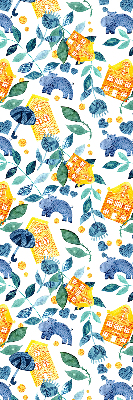 Rolgordijn voor balkondeur in gele uitvoering met blauwe plantenprint