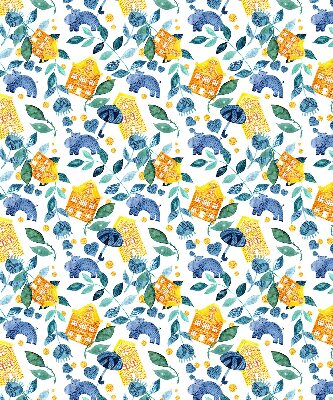 Rolgordijn voor balkondeur in gele uitvoering met blauwe plantenprint