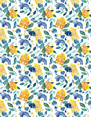 Rolgordijn voor balkondeur in gele uitvoering met blauwe plantenprint