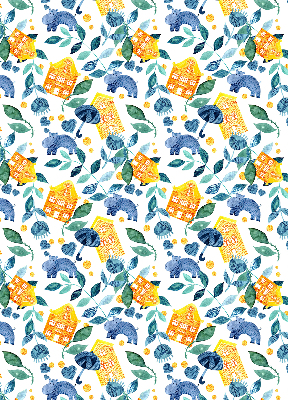 Rolgordijn voor balkondeur in gele uitvoering met blauwe plantenprint