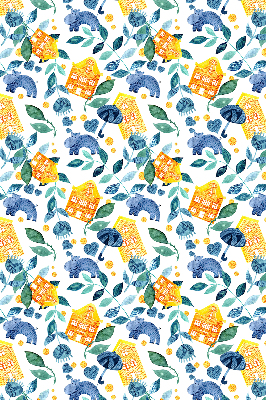 Rolgordijn voor balkondeur in gele uitvoering met blauwe plantenprint