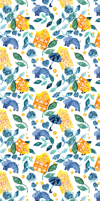 Rolgordijn voor balkondeur in gele uitvoering met blauwe plantenprint