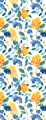 Rolgordijn voor balkondeur in gele uitvoering met blauwe plantenprint