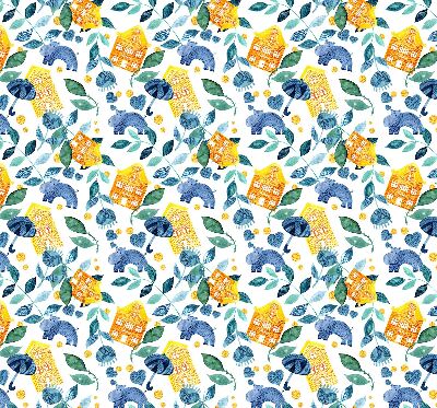 Rolgordijn voor balkondeur in gele uitvoering met blauwe plantenprint