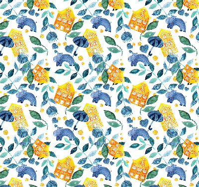 Rolgordijn voor balkondeur in gele uitvoering met blauwe plantenprint
