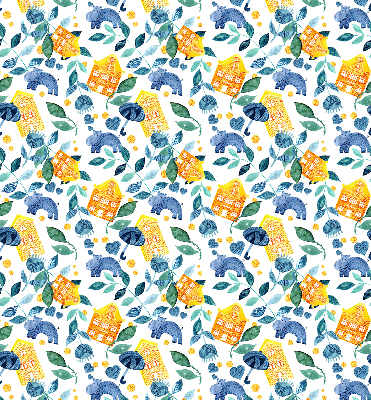 Rolgordijn voor balkondeur in gele uitvoering met blauwe plantenprint