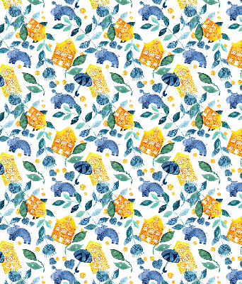 Rolgordijn voor balkondeur in gele uitvoering met blauwe plantenprint