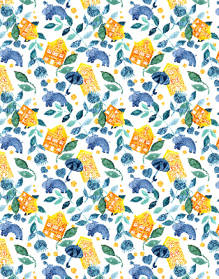 Rolgordijn voor balkondeur in gele uitvoering met blauwe plantenprint