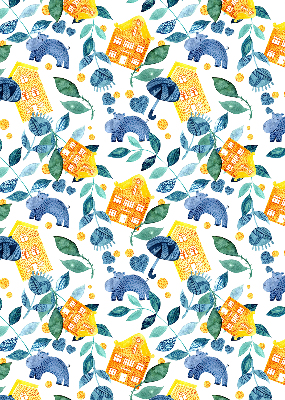 Rolgordijn voor balkondeur in gele uitvoering met blauwe plantenprint
