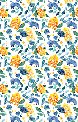 Rolgordijn voor balkondeur in gele uitvoering met blauwe plantenprint