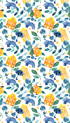 Rolgordijn voor balkondeur in gele uitvoering met blauwe plantenprint