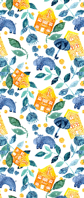 Rolgordijn voor balkondeur in gele uitvoering met blauwe plantenprint