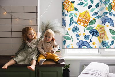 Rolgordijn voor balkondeur in gele uitvoering met blauwe plantenprint