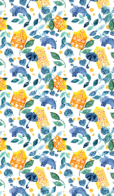 Rolgordijn voor balkondeur in gele uitvoering met blauwe plantenprint