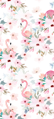 Binnenrolgordijn voor raam met flamingo's tussen de bloemen