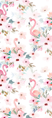 Binnenrolgordijn voor raam met flamingo's tussen de bloemen