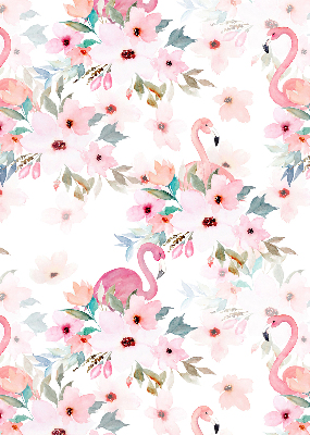Binnenrolgordijn voor raam met flamingo's tussen de bloemen