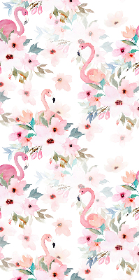 Binnenrolgordijn voor raam met flamingo's tussen de bloemen