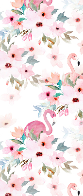 Binnenrolgordijn voor raam met flamingo's tussen de bloemen