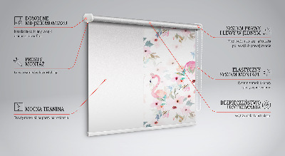 Binnenrolgordijn voor raam met flamingo's tussen de bloemen