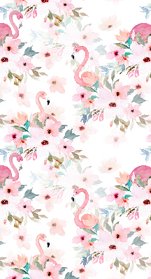 Binnenrolgordijn voor raam met flamingo's tussen de bloemen