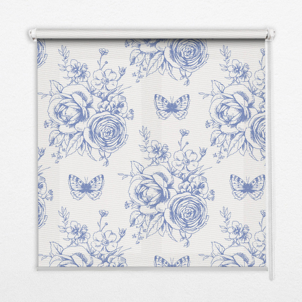 Rolgordijn voor raam met blauwe bloemen en vlinders
