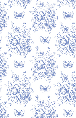 Rolgordijn voor raam met blauwe bloemen en vlinders