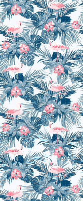 Rolgordijn voor balkondeur met tropische planten en flamingo's