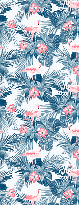 Rolgordijn voor balkondeur met tropische planten en flamingo's