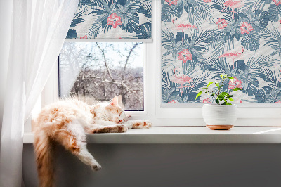Rolgordijn voor balkondeur met tropische planten en flamingo's