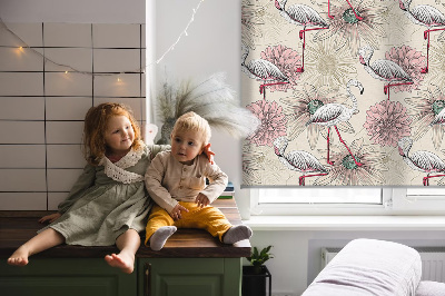 Rolgordijn voor raam met witte flamingo's