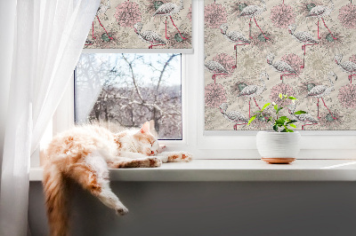 Rolgordijn voor raam met witte flamingo's