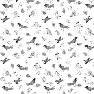 Binnengordijn met getekende vogels en bladeren