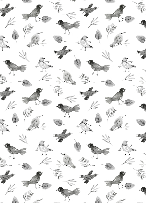 Binnengordijn met getekende vogels en bladeren