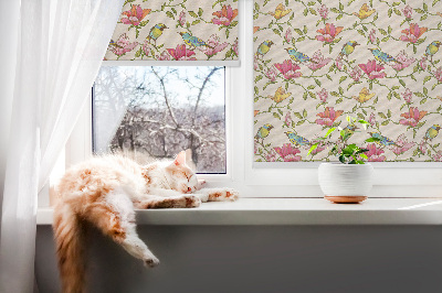 Binnenrolgordijn voor raam met vogels op bloemen