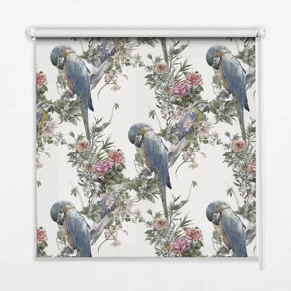 Stoffen rolgordijn met papegaaien op bloemenprint