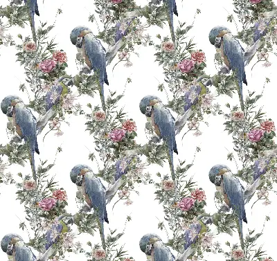 Stoffen rolgordijn met papegaaien op bloemenprint
