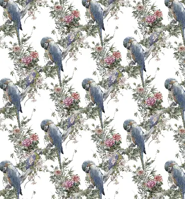 Stoffen rolgordijn met papegaaien op bloemenprint