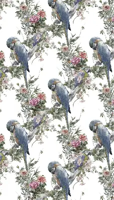 Stoffen rolgordijn met papegaaien op bloemenprint