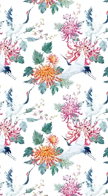 Rolgordijn voor balkondeur met reiger- en bloemdessin