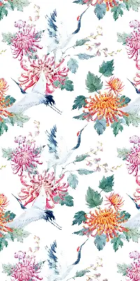 Rolgordijn voor balkondeur met reiger- en bloemdessin