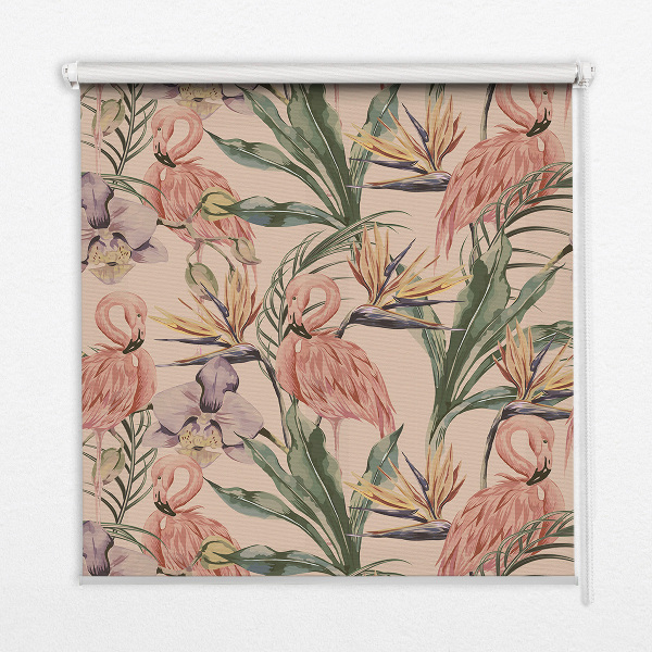 Binnenrolgordijn voor raam met flamingo's en bloemen
