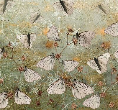 Stoffen rolgordijn met vlinders in de weide