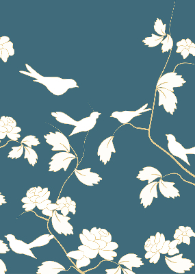 Binnenrolgordijn voor raam met witte vogels op witte bloemen
