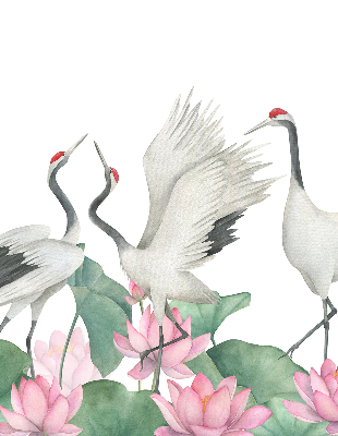 Binnengordijn met kraanvogels tussen de lelies